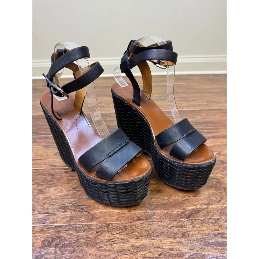 RALPH LAUREN COLLECTION Black/Brown Rattan Ankle Strap Platform Wedges, Sz 8.5B